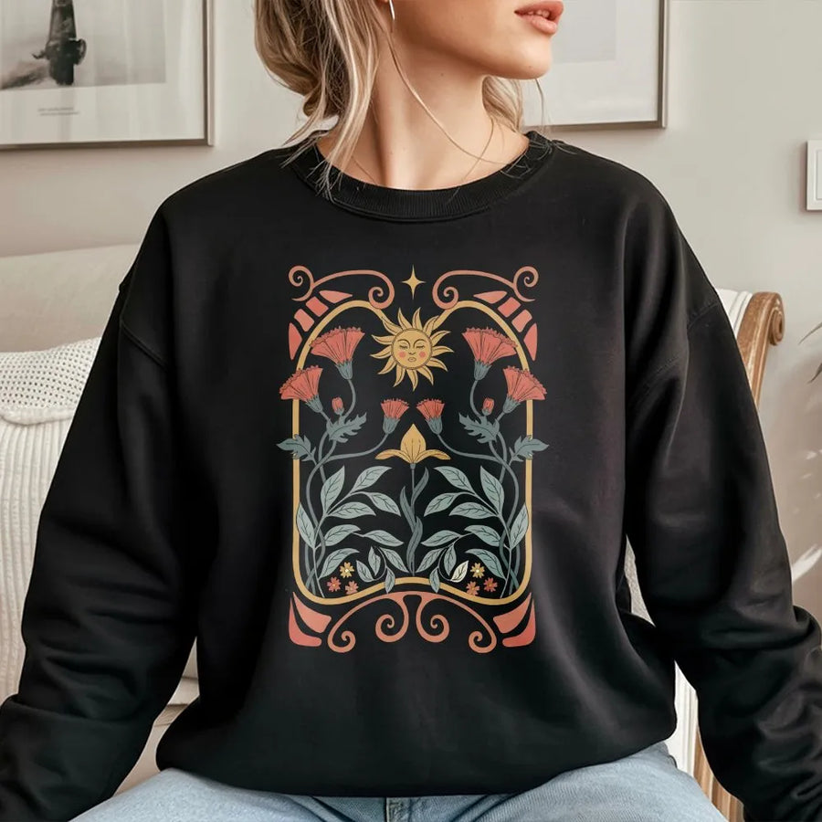 Boho Wildflower Sweatshirt | Art Nouveau Mystical Sun Graphic | Premium Cotton Blend Pullover | Cottagecore Aesthetic Gift for Her