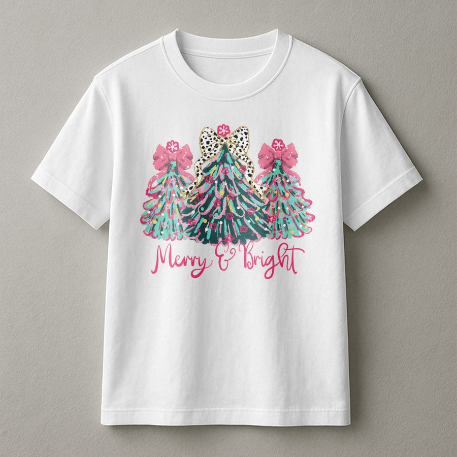 Merry & Bright Christmas T-Shirt | Colorful Leopard Print Holiday Trees | Premium Soft Cotton | Festive Gift for Women & Girls