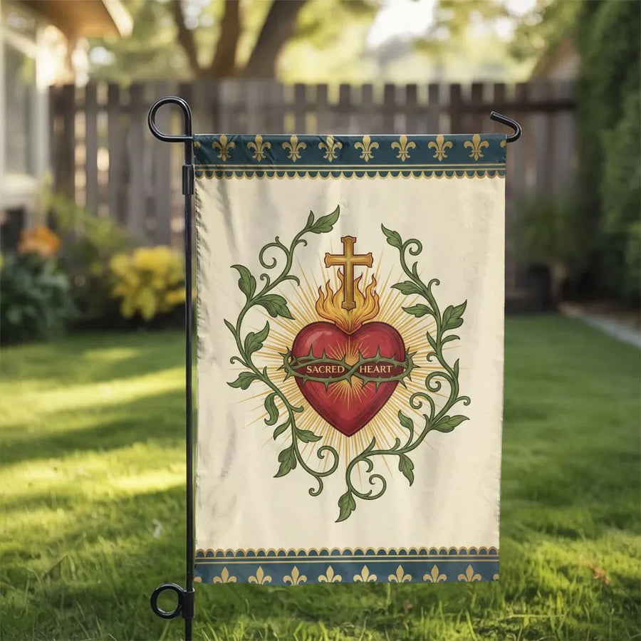 Sacred Heart of Jesus Garden Flag | Vintage Fleur-de-lis Botanical Art | Double Sided Premium Polyester | Catholic Christian Home Decor Gift