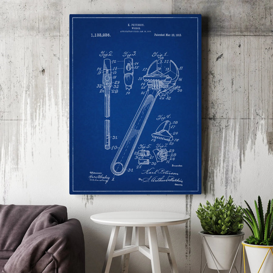 Wrench Patent Blueprint Art | 1915 Industrial Tool Technical Drawing | Premium Gallery Canvas | Workshop Office Wall Decor Gift For Him