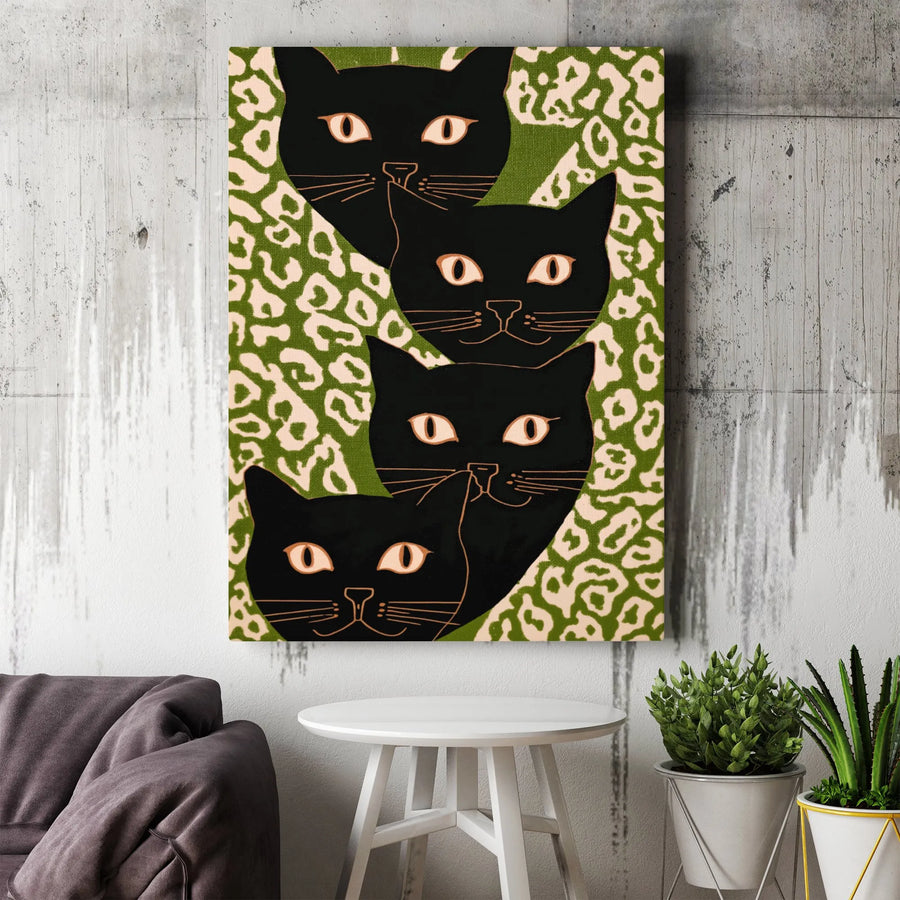 Black Cat Wall Art Canvas | Retro Pop Art Cats with Green Leopard Print | Premium Gallery Wrapped Canvas | Modern Home Decor Gift for Cat Lovers