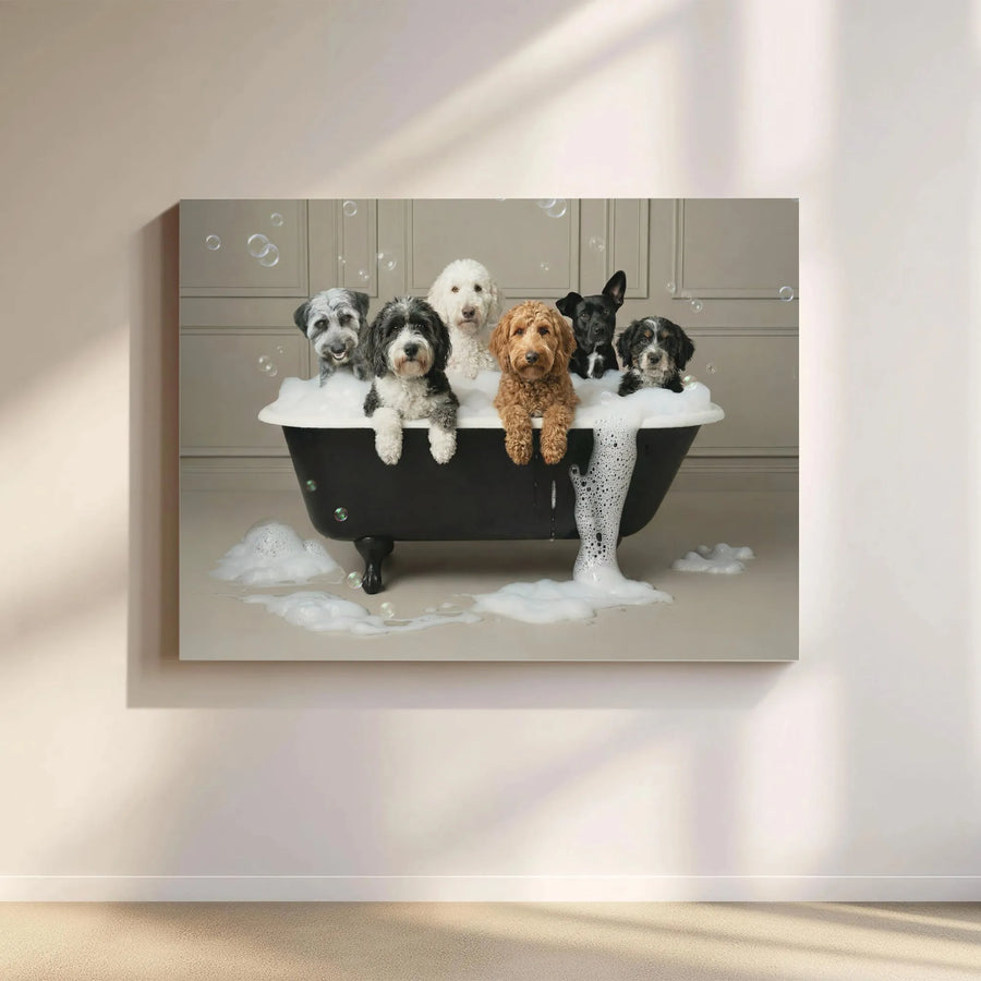 Dogs In Bathtub Canvas Wall Art | Whimsical Puppy Bubble Bath Print | Premium Gallery Wrapped Decor | Funny Animal Lover Gift For Home Office