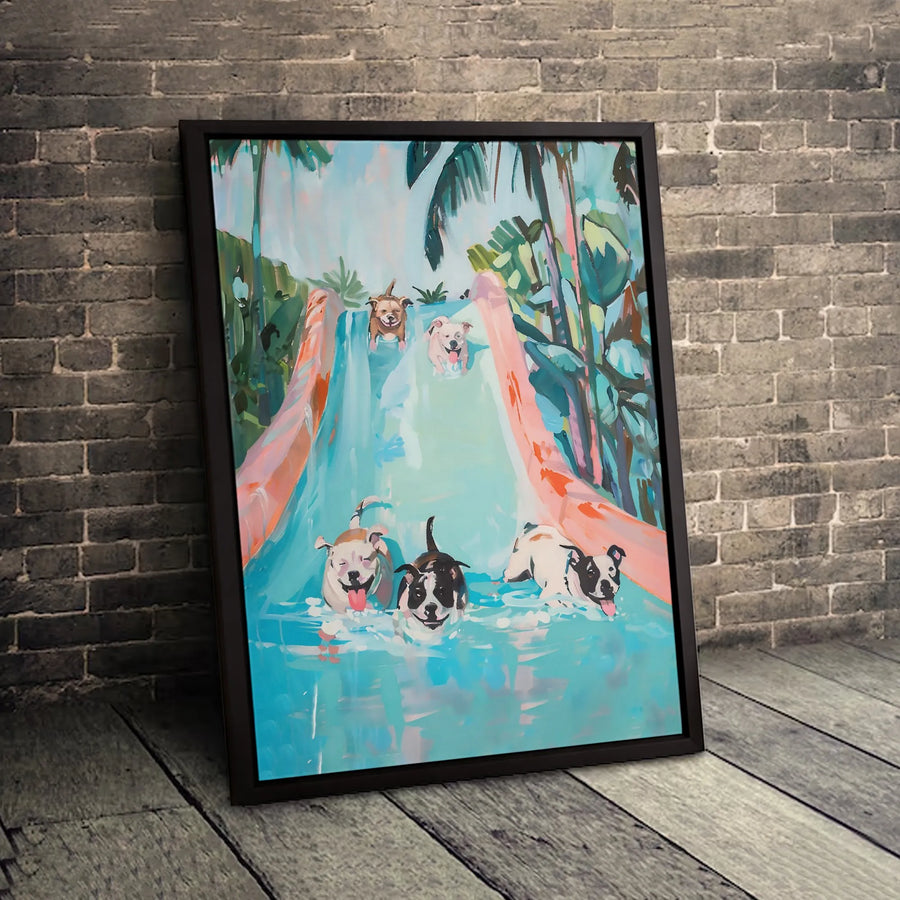 Pit Bull Dog Wall Art | Tropical Waterslide Painting | Premium Gallery Wrapped Canvas | Fun Pet Lover Gift & Home Decor
