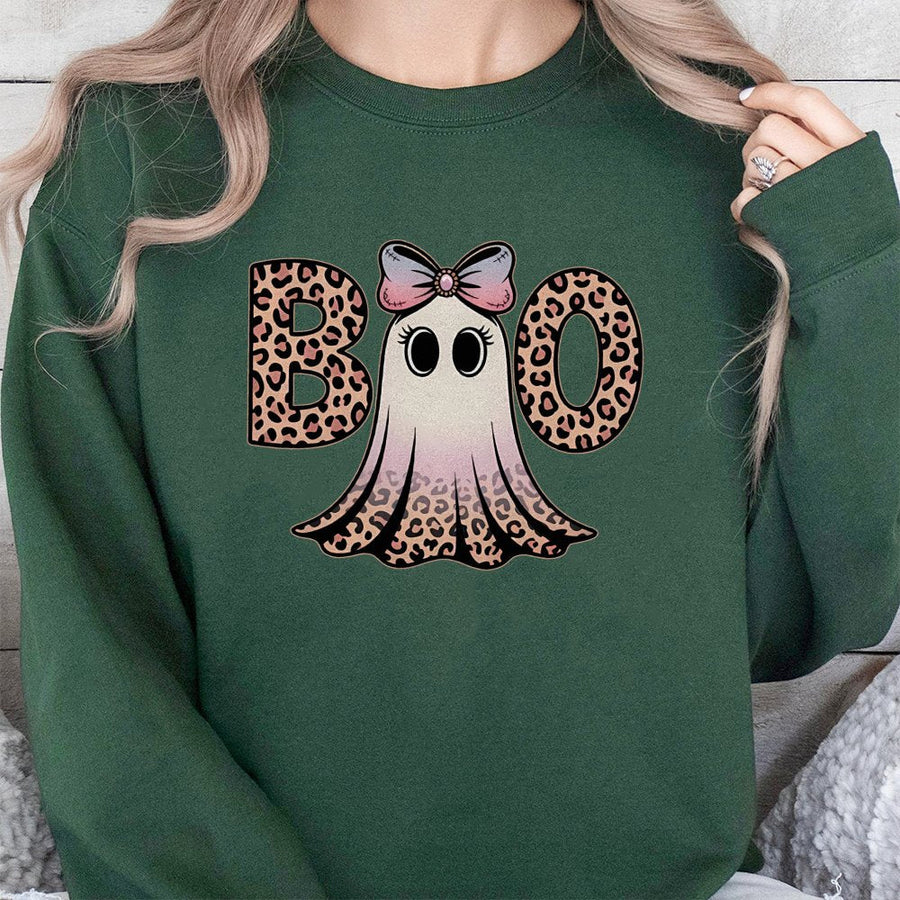 Preppy Ghost Boo Sweatshirt | Leopard Coquette Halloween Graphic | Premium Cotton Blend | Cute Aesthetic Fall Gift for Her