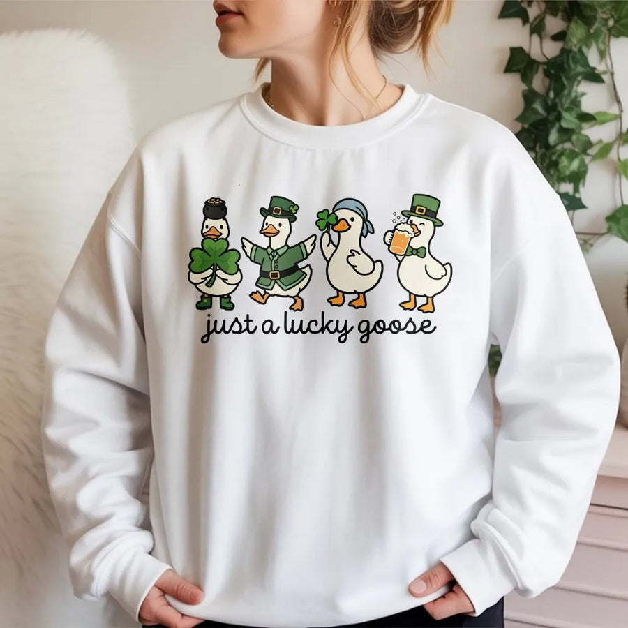 Lucky Goose Sweatshirt | St Patricks Day Cute Leprechaun Design | Premium Cotton Blend | Funny Irish Gift for Men and Women