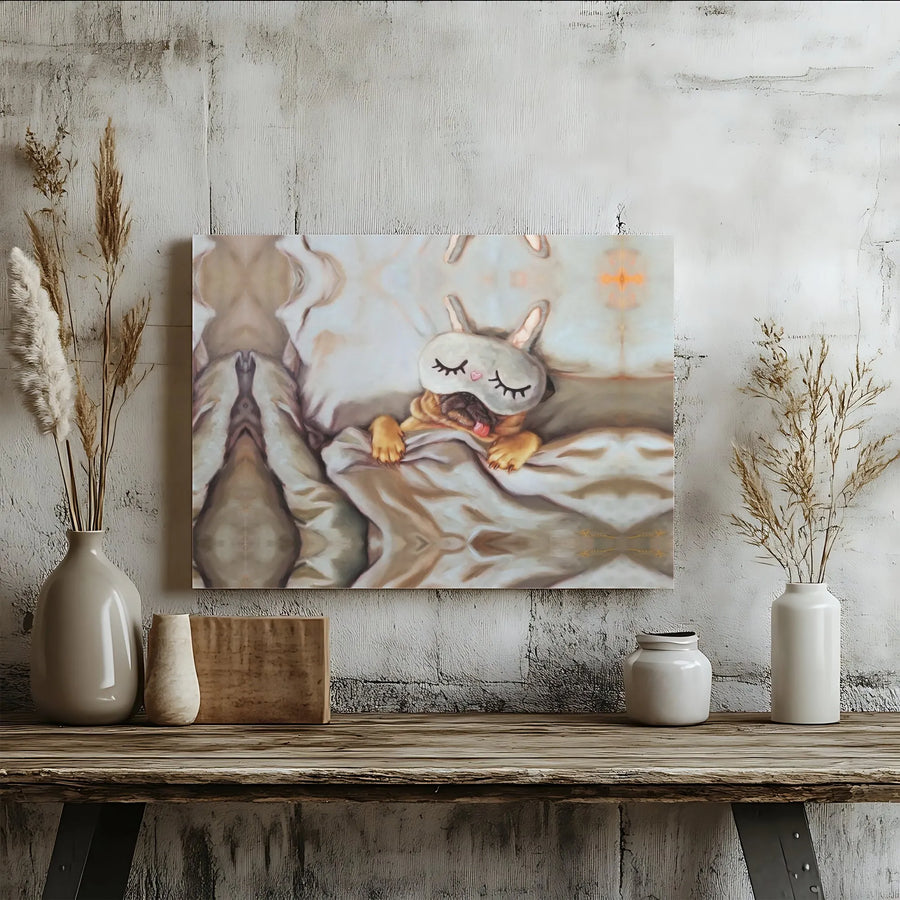 Cute Sleeping Pug Canvas Wall Art | Funny Dog in Bunny Sleep Mask Painting | Premium Gallery Wrapped Canvas | Gift for Dog Lover & Nursery Decor