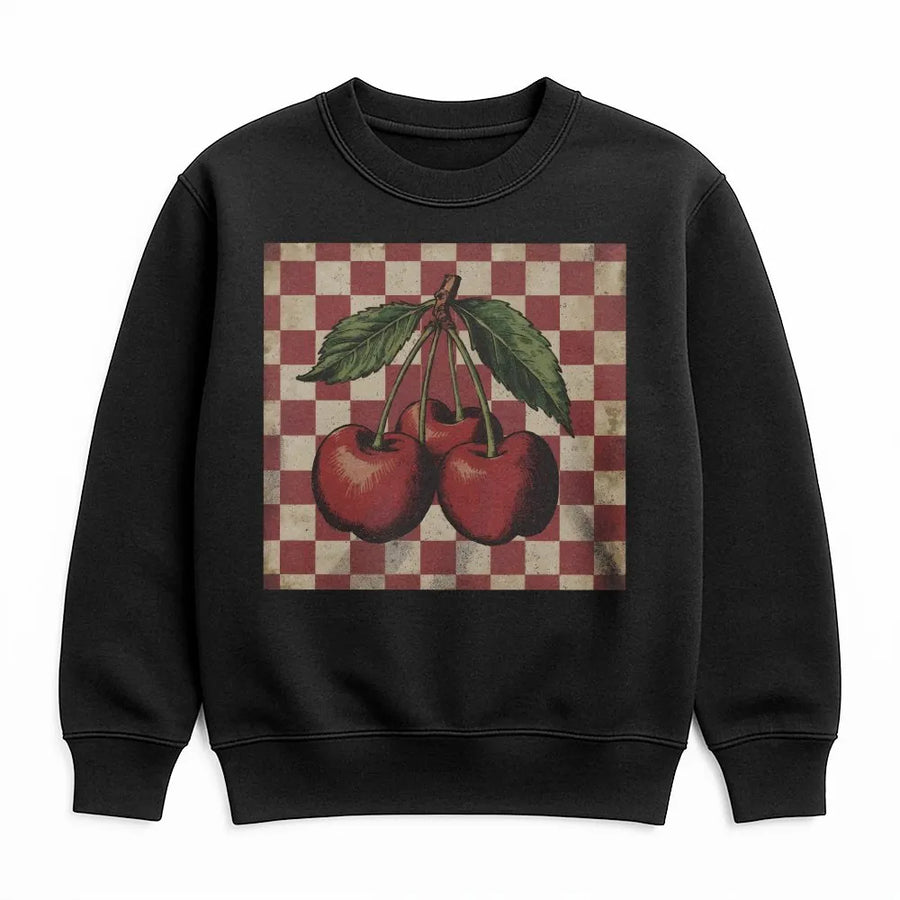 Vintage Cherry Sweatshirt | Retro Checkerboard Fruit Graphic | Soft Cotton-Poly Blend | Y2K Aesthetic Gift for Women