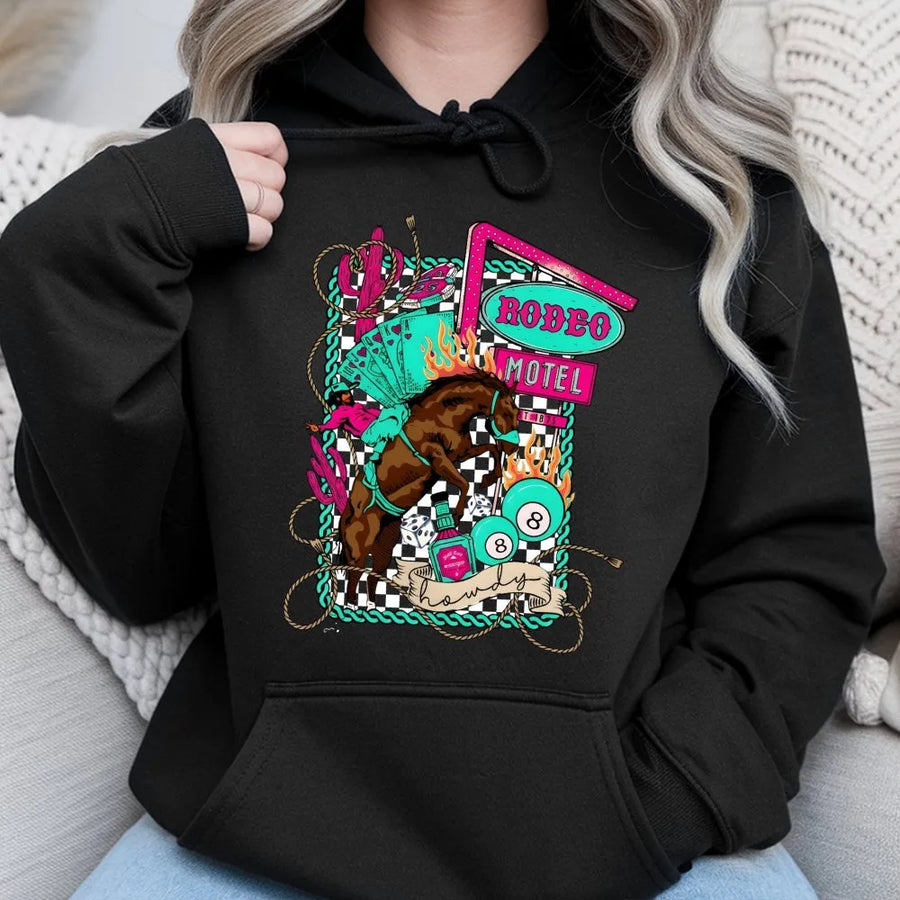 Rodeo Motel Western Hoodie | Neon Wild West Cowgirl Graphic | Premium Cotton Blend | Retro Country Aesthetic Gift For Her