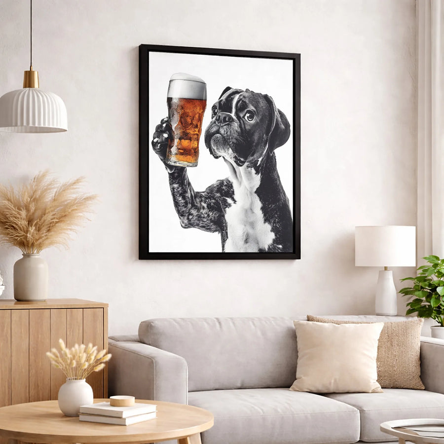 Boxer Dog Wall Art | Funny Beer Drinking Dog Illustration | Premium Gallery Wrapped Canvas | Gift for Dog Lovers & Bar Decor