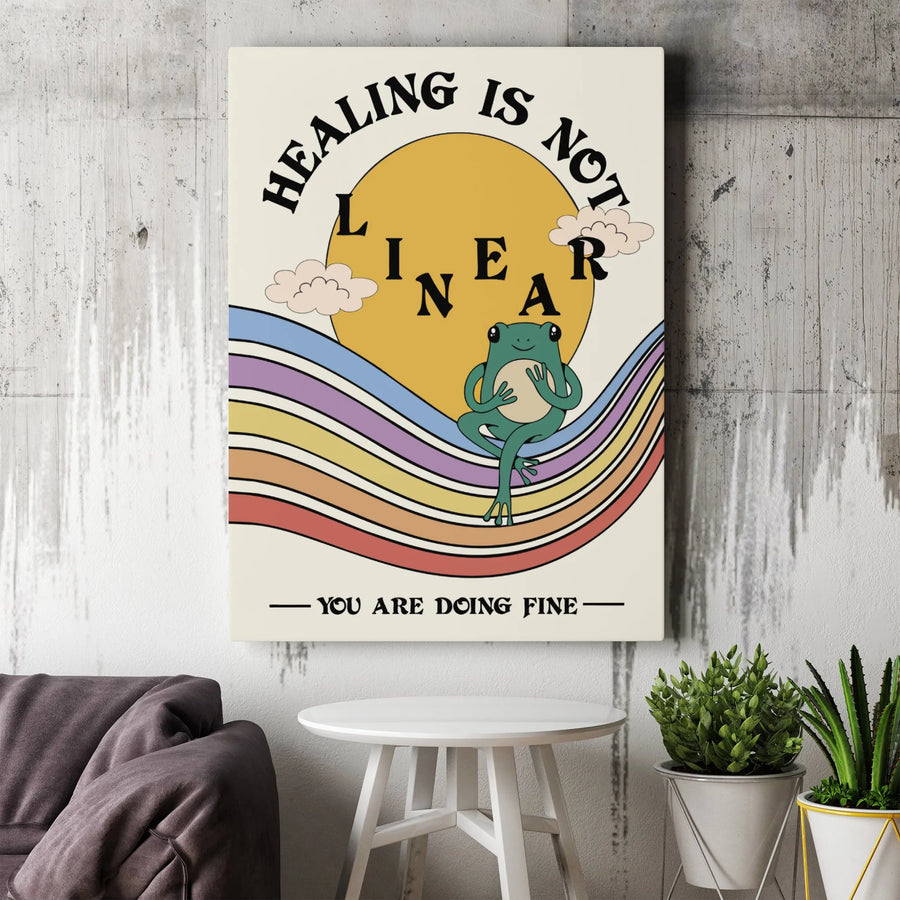 Healing Is Not Linear Wall Art | Retro Frog Rainbow Canvas Print | Gallery Quality 1.25 Inch Wrap | Mental Health Aesthetic Decor Gift