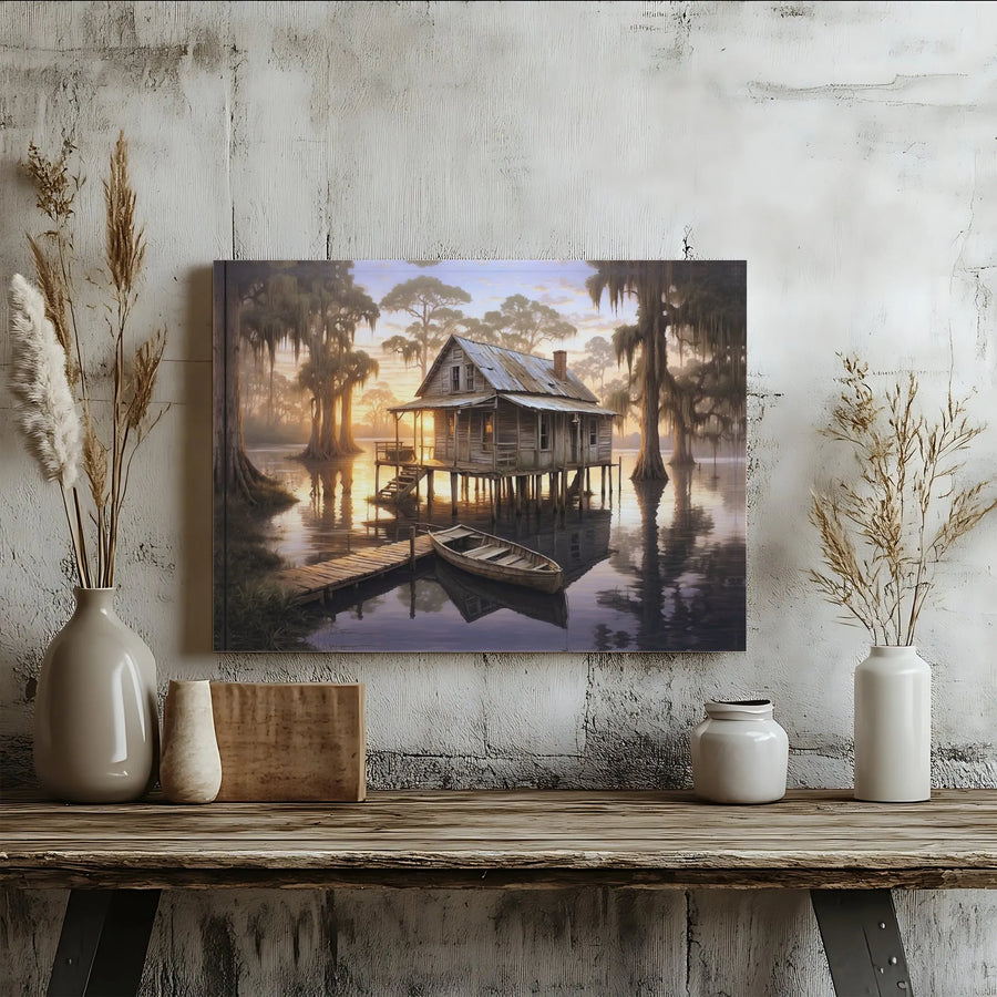 Bayou Cabin Canvas Wall Art | Rustic Swamp Landscape Painting Print | Premium Gallery Wrapped Canvas | Southern Home Decor Housewarming Gift