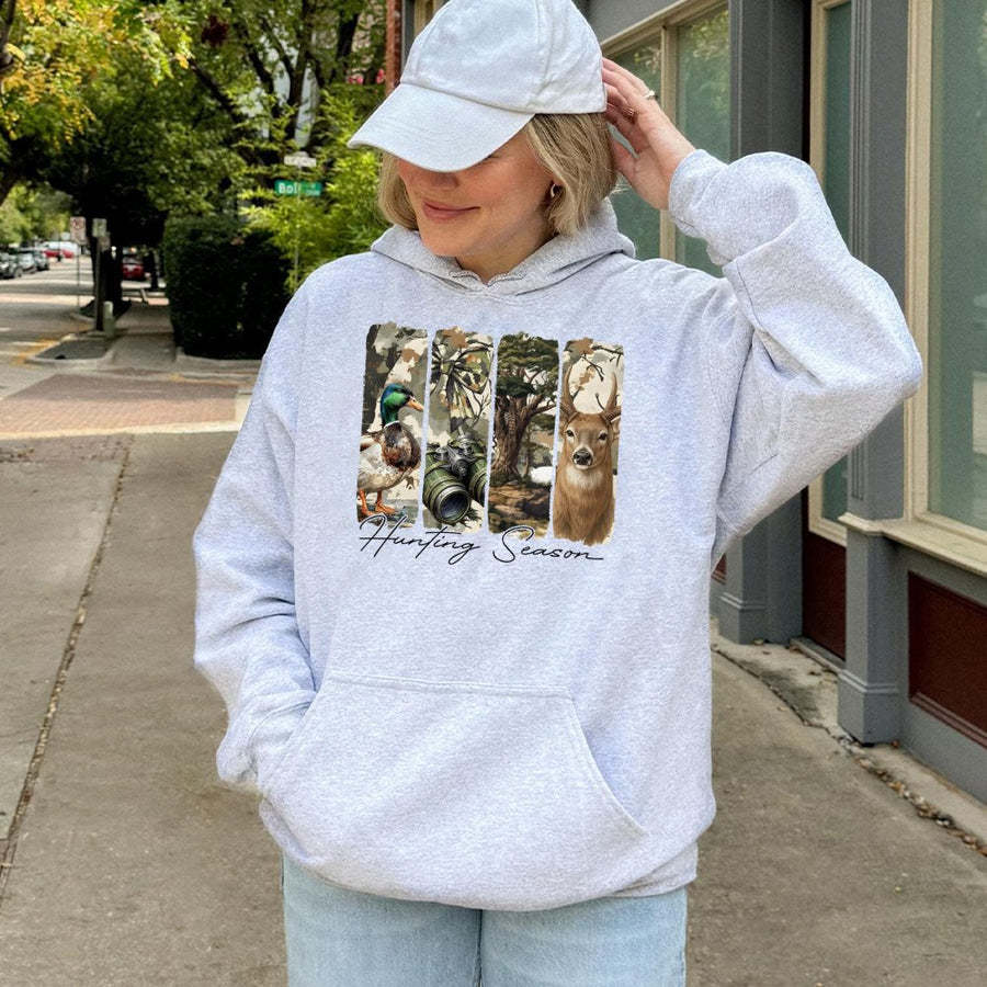 Hunting Season Hoodie | Camo Coquette Bow Deer and Duck Print | Premium Cotton-Poly Blend | Outdoor Lover Gift for Women and Men