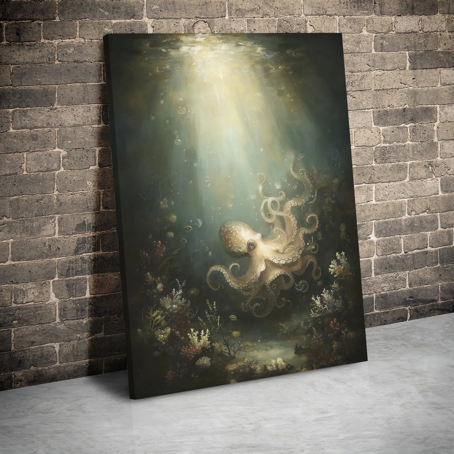 Octopus Wall Art Canvas | Ethereal Deep Sea Underwater Scene | 1.25 Inch Gallery Wrap Premium Decor | Nature Inspired Ocean Gift for Home Office