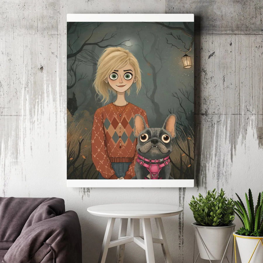 French Bulldog and Girl Canvas Wall Art | Whimsical Gothic Forest Illustration | Premium 1.25" Gallery Wrap | Unique Gift for Dog Lover Home Decor