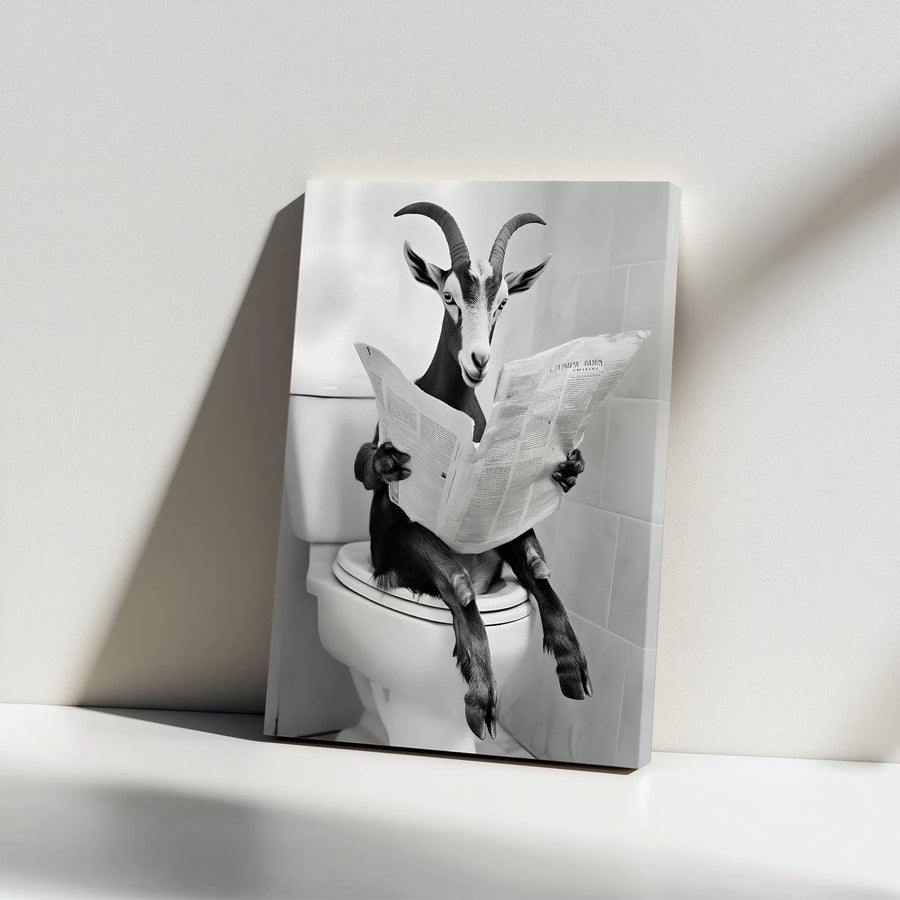Funny Goat on Toilet Vertical Canvas | Quirky Black and White Animal Photography | Premium Thick Gallery Wall Art | Bathroom Decor, Housewarming Gift
