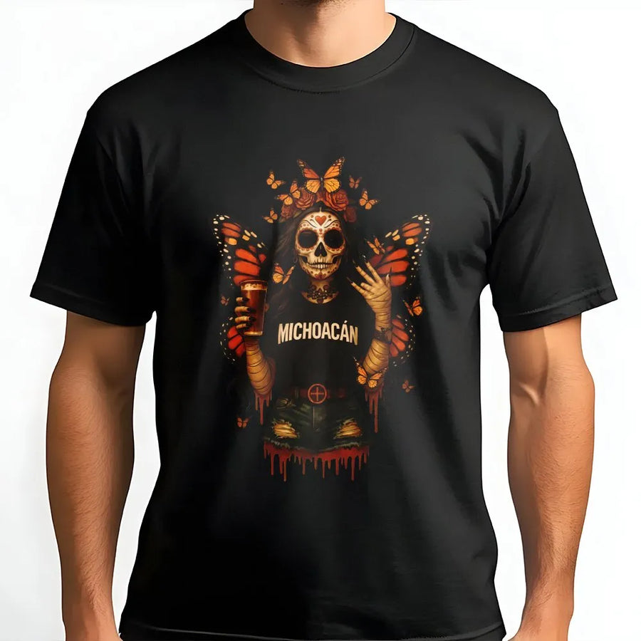 Michoacán Butterfly Skull T-Shirt | Dia De Los Muertos Monarch Graphic | 100% Cotton Premium Tee | Mexican Heritage Gift for Men and Women