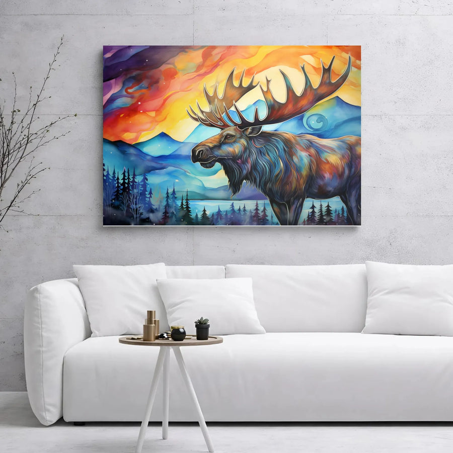 Abstract Moose Canvas Wall Art | Colorful Mountain Forest Sunset Print | Premium 1.25-Inch Gallery Wrap | Wildlife Nature Home Decor Gift