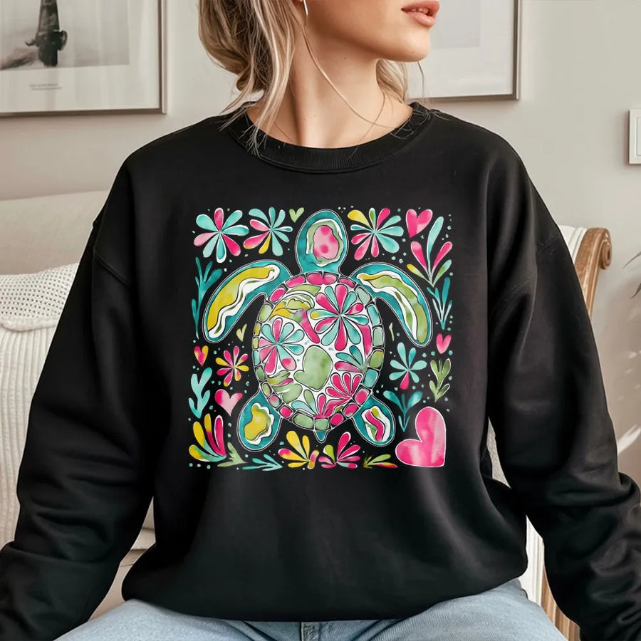 Sea Turtle Sweatshirt | Boho Floral Ocean Art Design | Premium Cotton Blend | Coastal Beach Gift for Women and Sea Life Lovers
