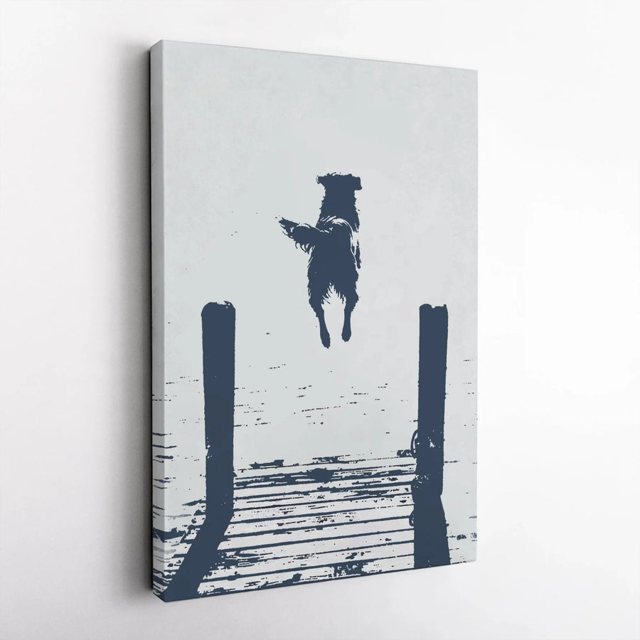 Dog Jumping Off Dock Canvas Wall Art | Minimalist Stencil Style | Premium 1.25" Thick Gallery Wrap | Pet Lover Home Decor Gift