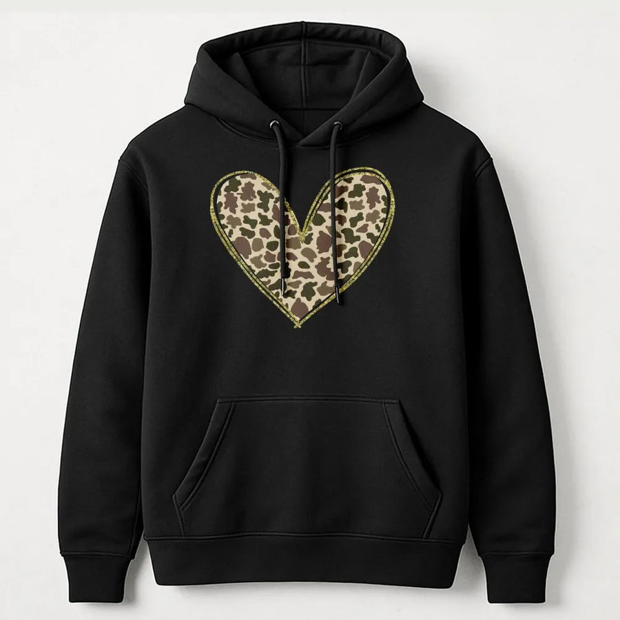 Camo Heart Hoodie | Gold Glitter Valentine Print | Premium Cotton Blend | Romantic Gift for Her or Country Wife
