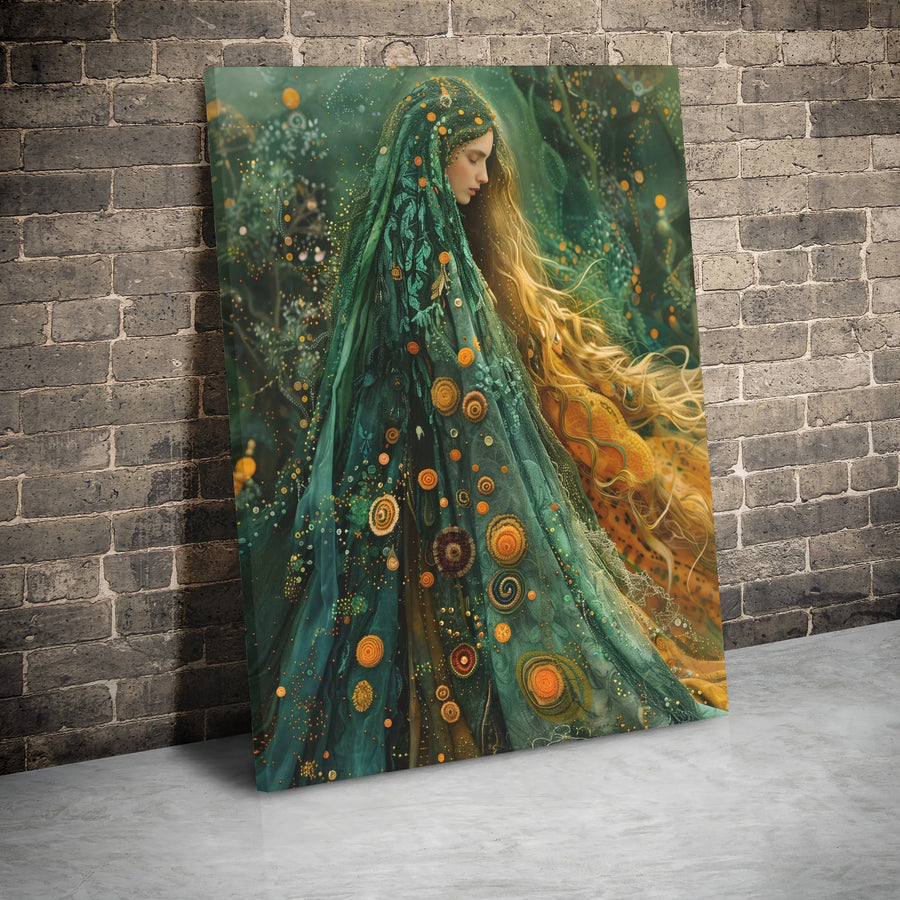 Ethereal Forest Goddess Canvas Wall Art | Mystical Woman in Green Cloak | Premium Gallery Wrap Print | Fantasy Home Decor Gift