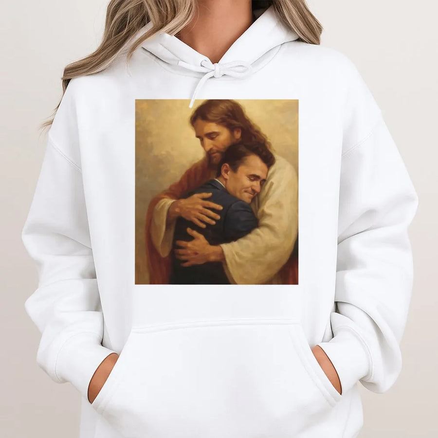 Jesus Hugging Man Hoodie | Christian Faith Graphic Pullover | Premium Cotton Blend Sweatshirt | Religious Apparel Gift for Men and Women