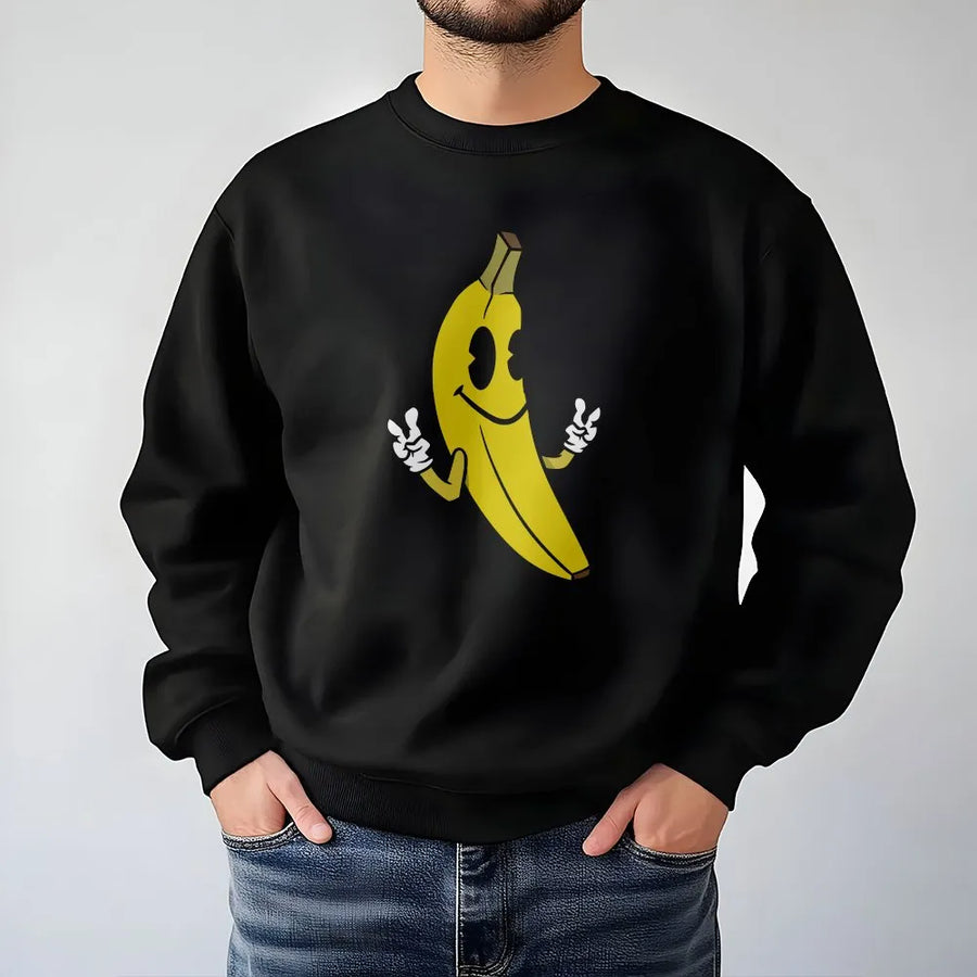 Retro Banana Sweatshirt | Cartoon Fruit Graphic Peace Sign | Premium Cotton Blend | Funny Streetwear Gift for Women & Men