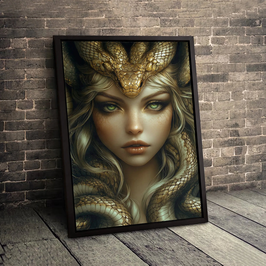Medusa Wall Art Canvas | Golden Snake Queen Portrait | Gallery Quality 1.25-inch Profile | Mythology Lover Gift & Modern Home Decor