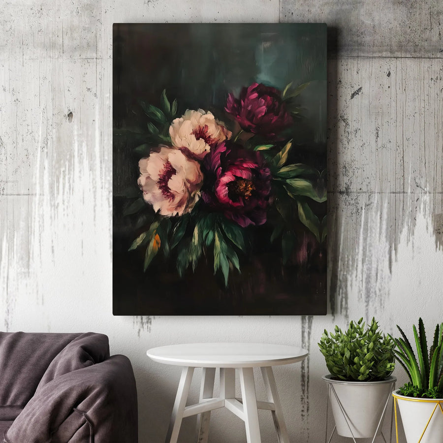 Moody Dark Floral Peony Wall Art | Romantic Oil Painting Style Print | Premium Gallery-Wrapped Canvas | Botanical Home Decor for Living Room
