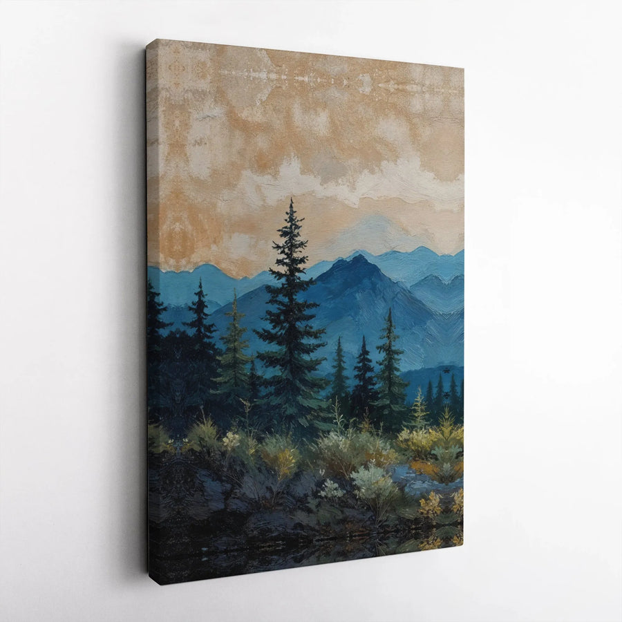 Mountain Landscape Canvas Wall Art | Rustic Pine Forest Oil Painting Print | Premium Gallery Wrapped Canvas | Nature Inspired Living Room Decor Gift