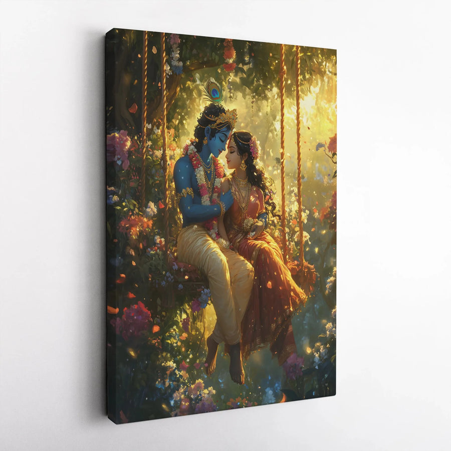 Radha Krishna Canvas Art | Divine Eternal Love Swing Painting | Premium Gallery Wrap Wall Decor | Spiritual Home Decor Gift