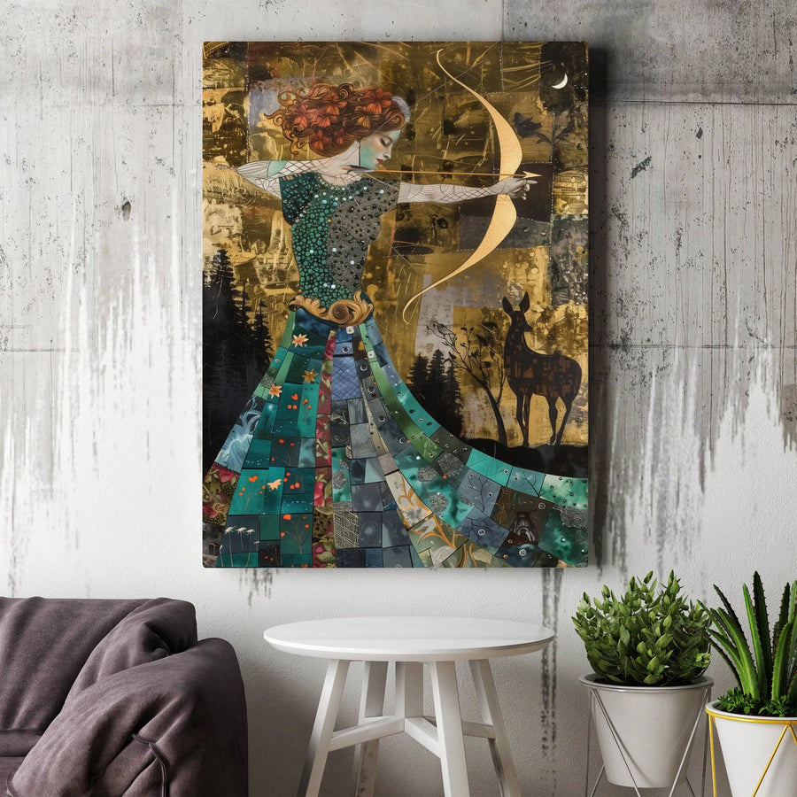 Mythical Archer Canvas Print | Gold & Teal Huntress Collage Art | Premium Gallery Wrapped Canvas | Boho Fantasy Wall Decor Gift