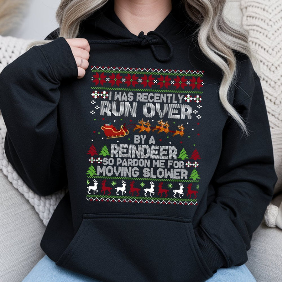 Run Over By A Reindeer Hoodie | Funny Christmas Quote Graphic | Premium Cotton Blend | Unisex Holiday Gift For Family