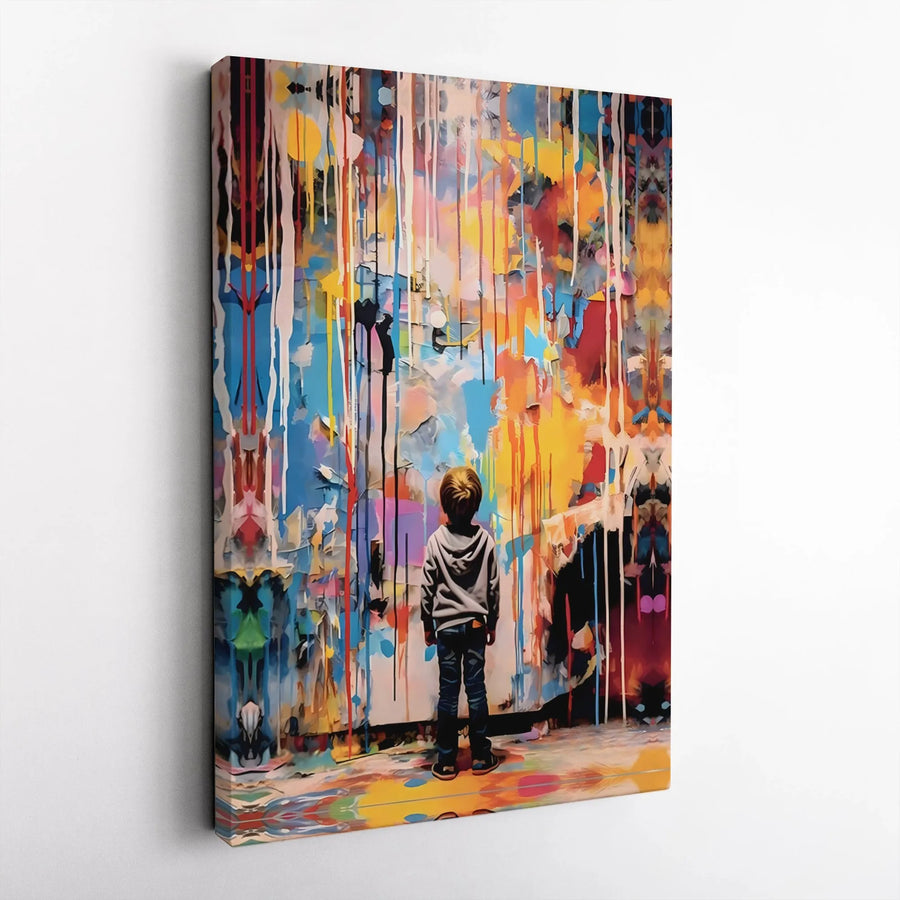 Abstract Graffiti Canvas Wall Art | Boy Viewing Colorful Dripping Paint | Premium Gallery Wrapped Canvas | Modern Living Room & Office Decor Gift