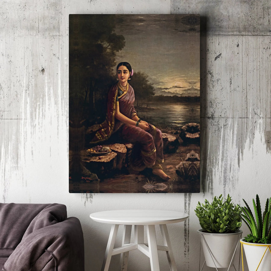 Raja Ravi Varma Radha in the Moonlight Canvas Wall Art | Vintage Hindu Art Print | Premium Gallery Wrapped Canvas | Indian Home Decor Gift