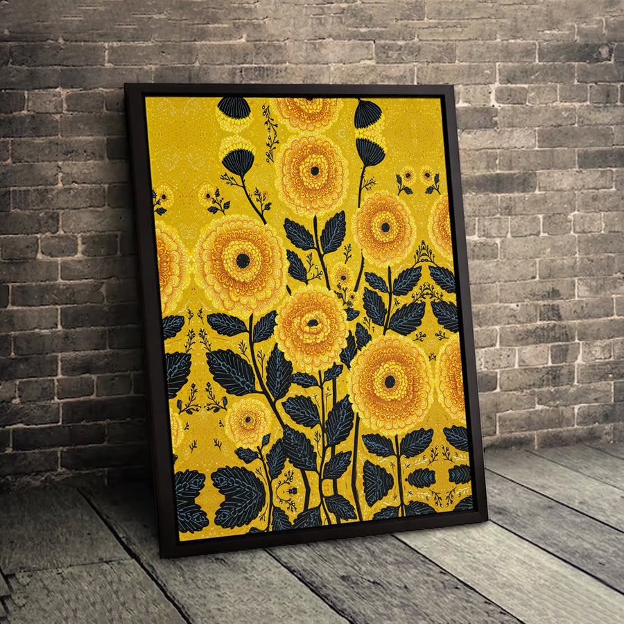 Yellow Marigold Floral Canvas Wall Art | Folk Art Botanical Pattern Print | Premium Gallery-Wrapped 1.25" Profile | Modern Home & Office Decor Gift