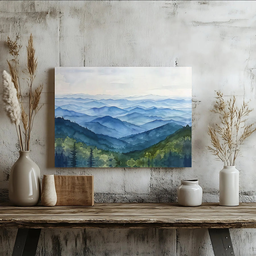 Blue Mountain Landscape Canvas Art | Watercolor Misty Forest Wall Decor | Premium Gallery Wrapped Print | Nature Inspired Living Room Gift