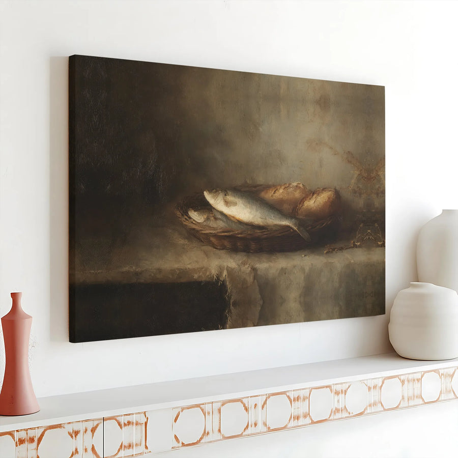 Loaves and Fishes Canvas Wall Art | Vintage Still Life Oil Painting Print | Premium 1.25 Inch Gallery Wrap | Religious Home Decor Gift
