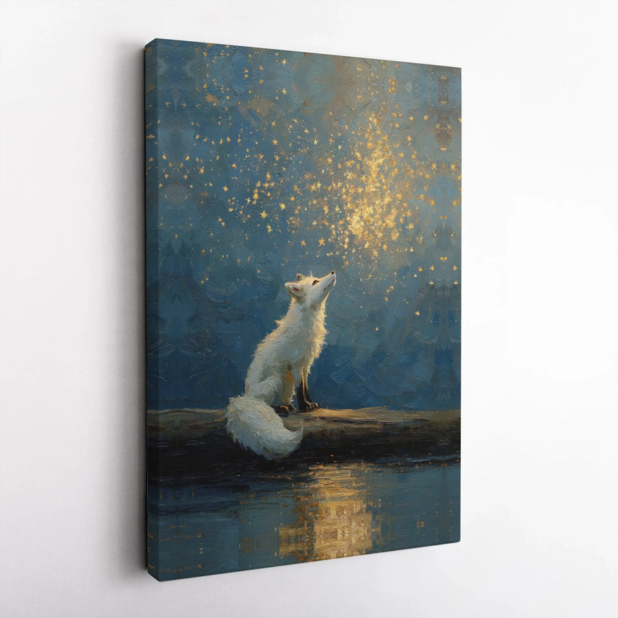 Enchanted Arctic Fox Canvas Wall Art | Painterly Print with Magical Golden Stars | Premium Gallery Wrapped Canvas | Nursery & Living Room Decor Gift