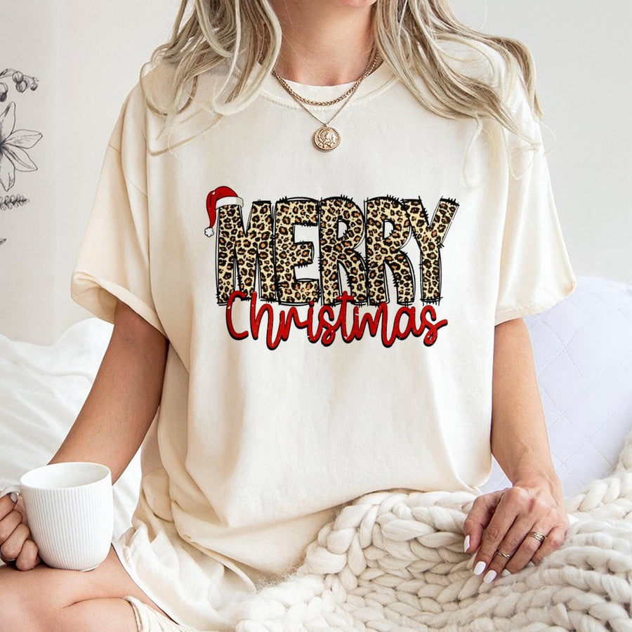 Merry Christmas T-Shirt | Leopard Print Graphic Holiday Tee | Premium 100% Cotton Soft Shirt | Festive Gift for Women & Men