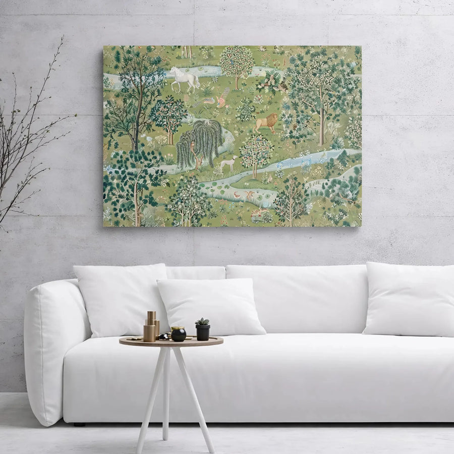 Medieval Forest Canvas Print | Mythical Unicorn and Lion Gallery Wrap | Premium Stretched Art | Classic Home Decor Wall Art