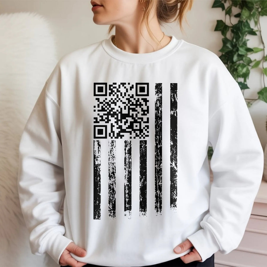 American Flag QR Code Sweatshirt | Distressed USA Patriotic Graphic | Cotton Blend Unisex Apparel | Unique Conservative Gift