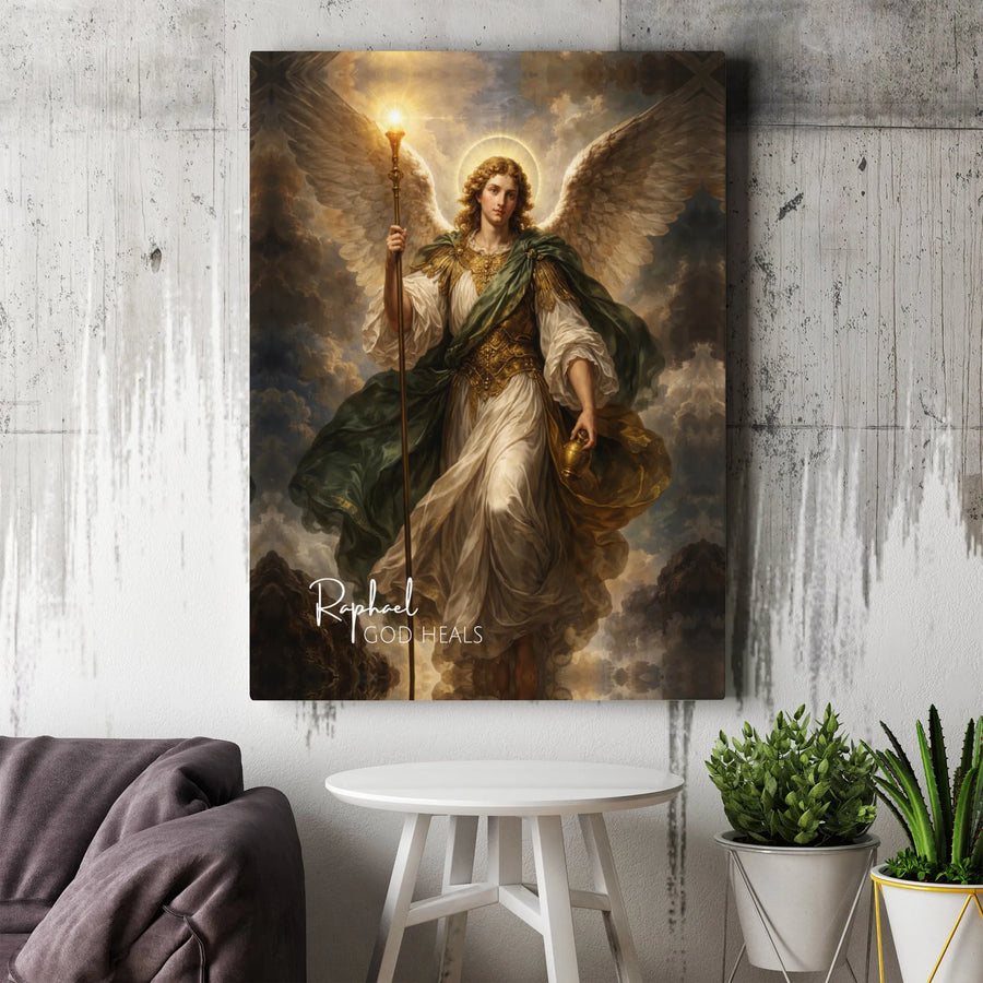 Archangel Raphael Vertical Canvas | Patron Saint of Healing Angel Art | Classical Oil Painting Style with God Heals Text | Premium 1.25 Inch Stretched Gallery Wrap | Christian Devotional Gift