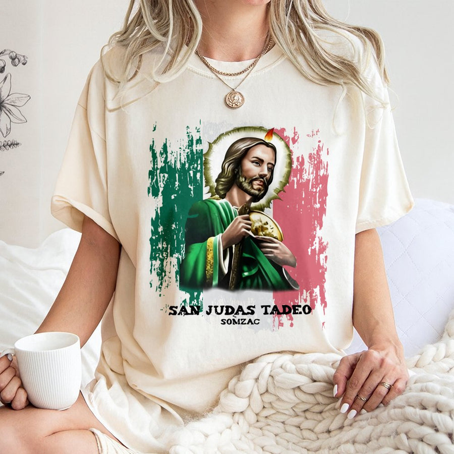 San Judas Tadeo T-Shirt | Mexican Flag Grunge Design | 100% Cotton Religious Graphic Tee | Catholic Faith Gift for Men and Women