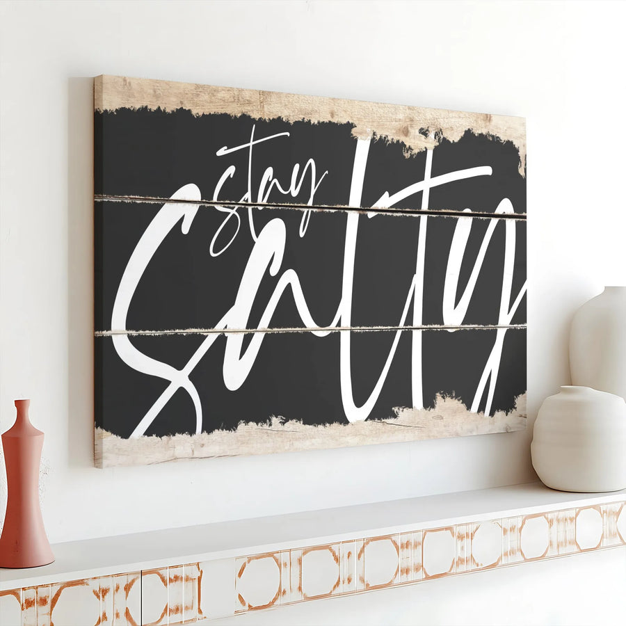 Stay Salty Canvas Wall Art | Rustic Wood Plank Design with Cursive Script | Premium Gallery Wrapped Canvas | Coastal Home & Beach House Decor Gift