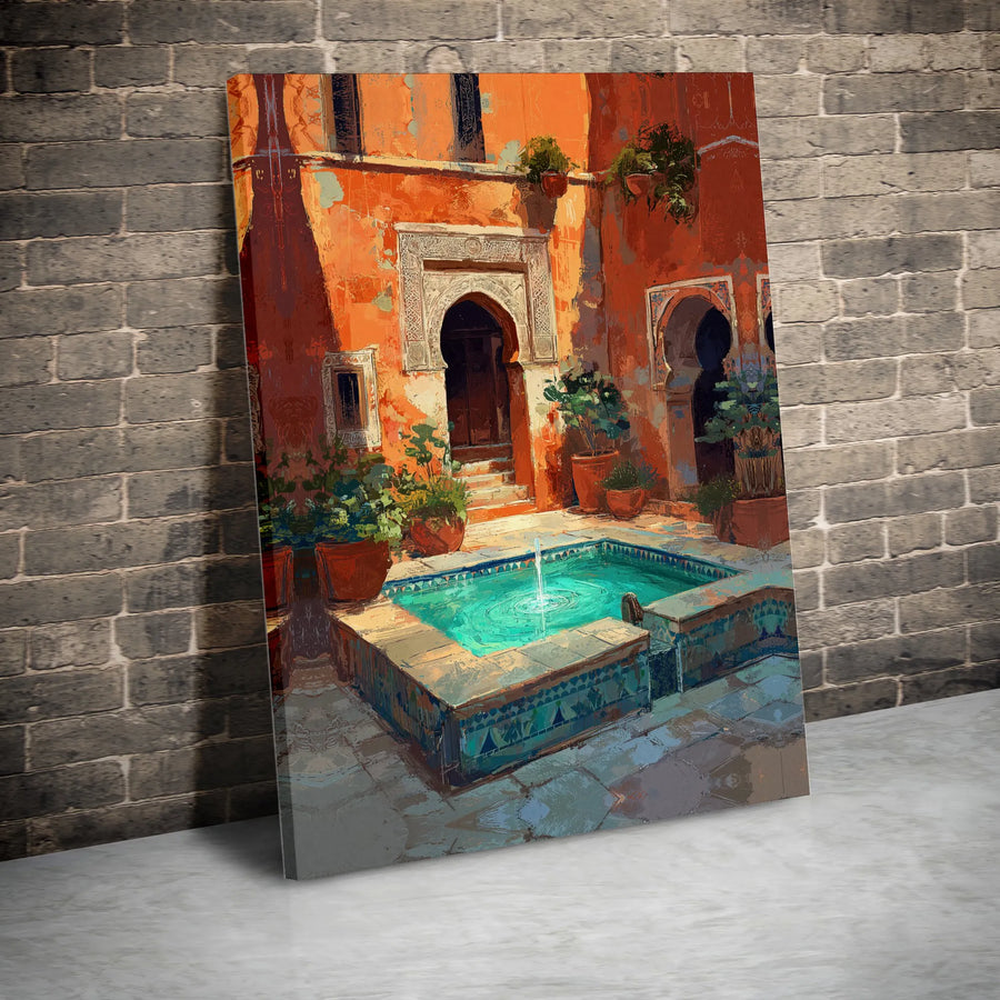 Moroccan Riad Canvas Wall Art | Impressionist Courtyard Fountain Print | Premium Gallery Wrapped Canvas | Bohemian Travel Decor Gift