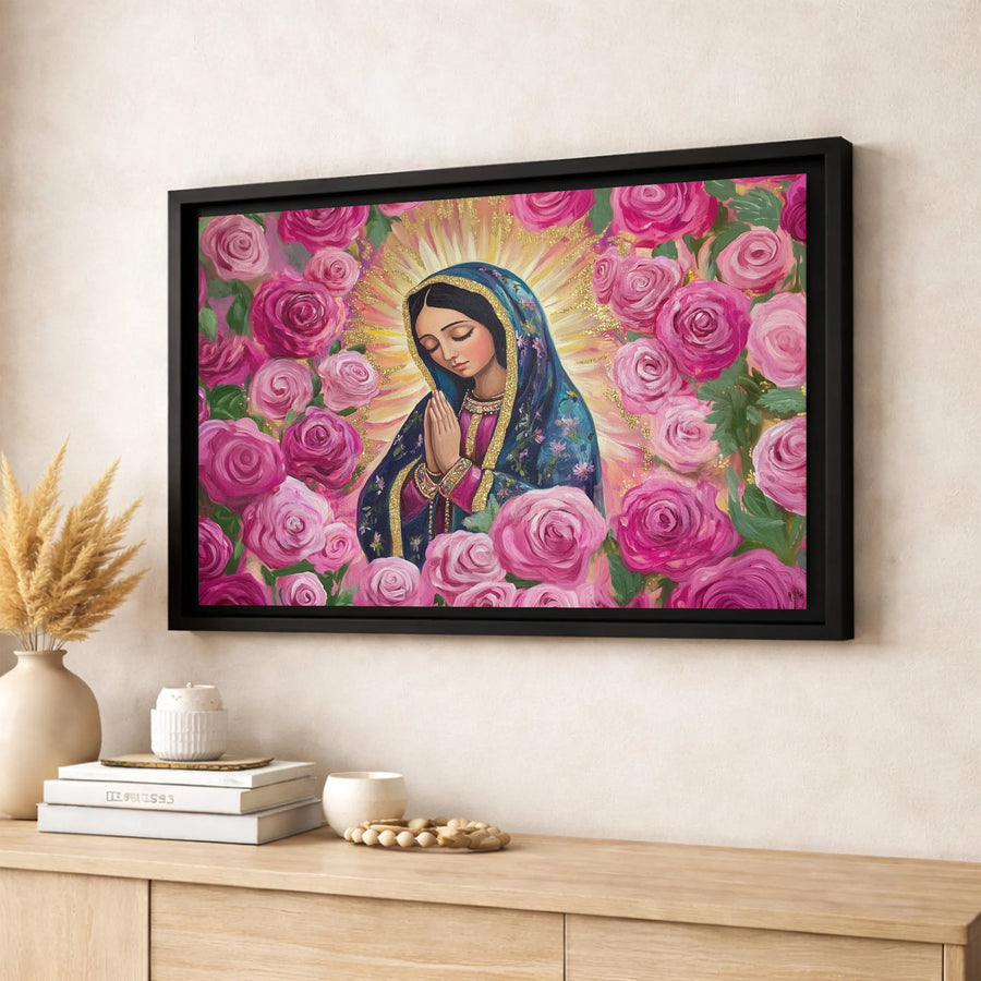Virgin Mary Canvas Wall Art | Our Lady of Guadalupe with Pink Roses | Premium Gallery Wrapped Decor | Religious Gift for Home Altar