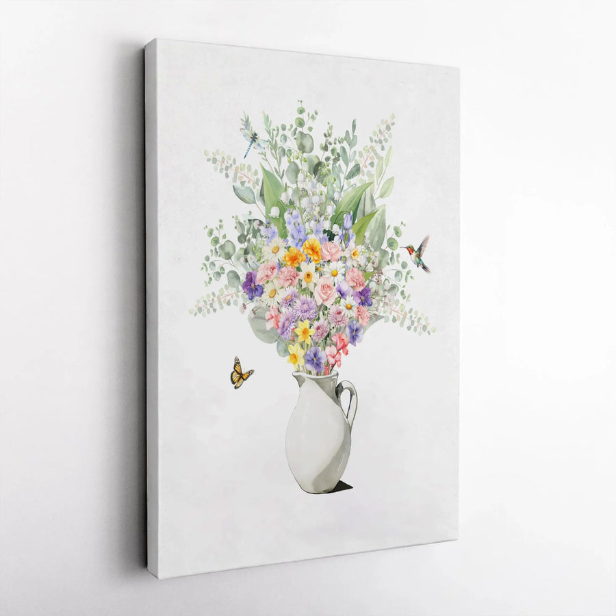 Watercolor Flower Bouquet Canvas Wall Art | Botanical Hummingbird & Butterfly Print | Premium 1.25" Gallery Wrap | Elegant Nature Home Decor Gift