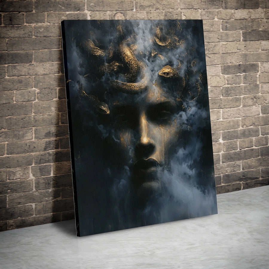 Medusa Wall Art Canvas | Dark Fantasy Greek Mythology Gold Snake Portrait | Premium Gallery Wrap Print | Modern Home Decor Gift