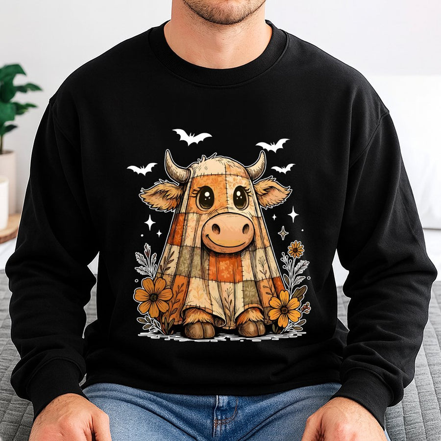 Highland Cow Ghost Sweatshirt | Cute Fall Patchwork Halloween Print | Premium Cotton Blend Crewneck | Spooky Season Gift For Her
